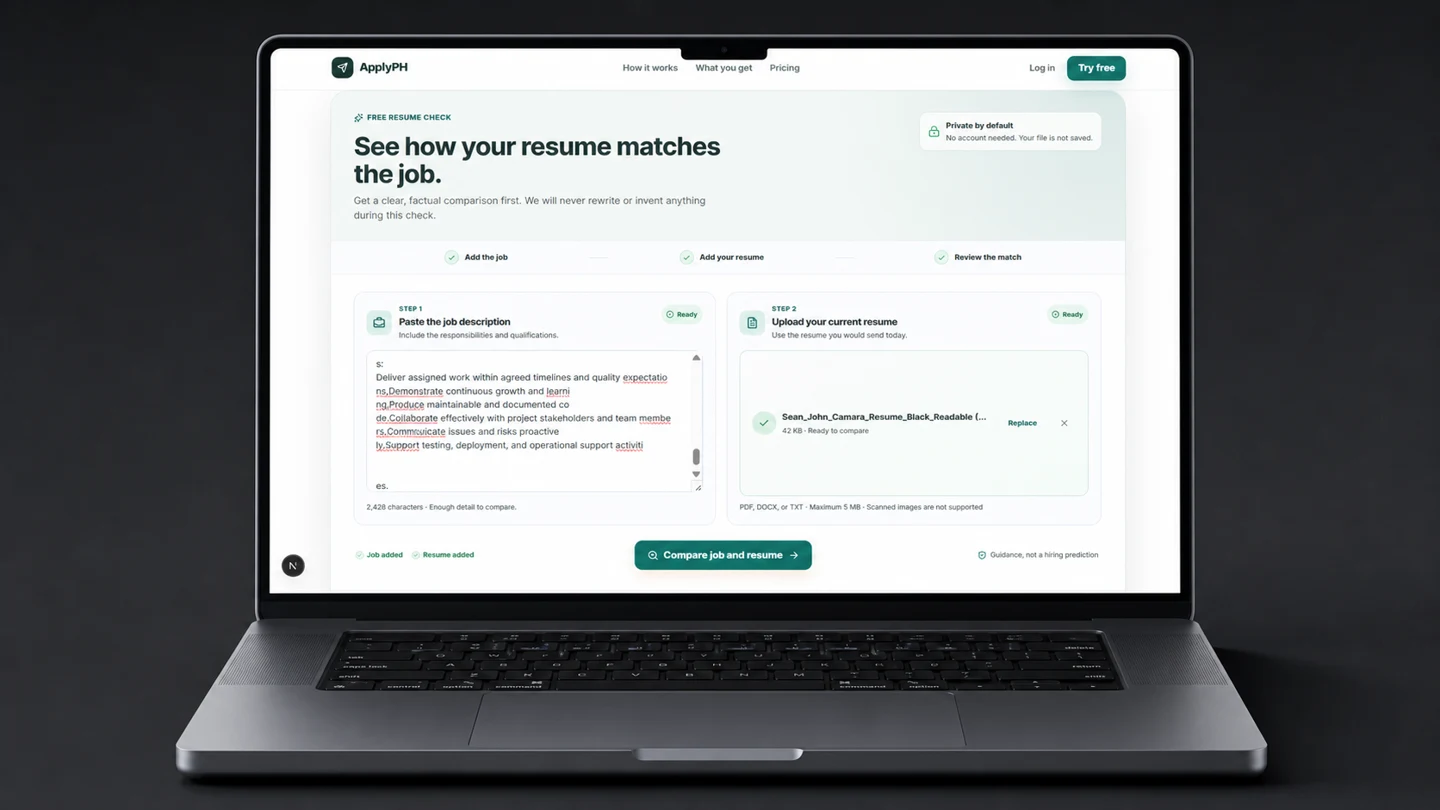 ApplyPH resume checker shown on a laptop