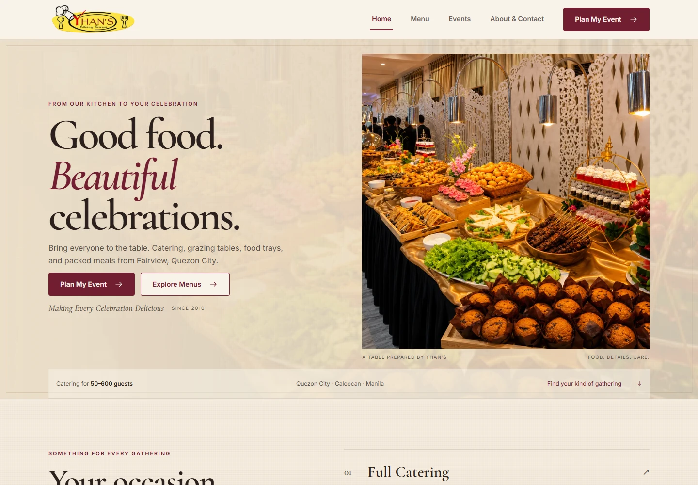 Yhan’s Catering Services live website homepage